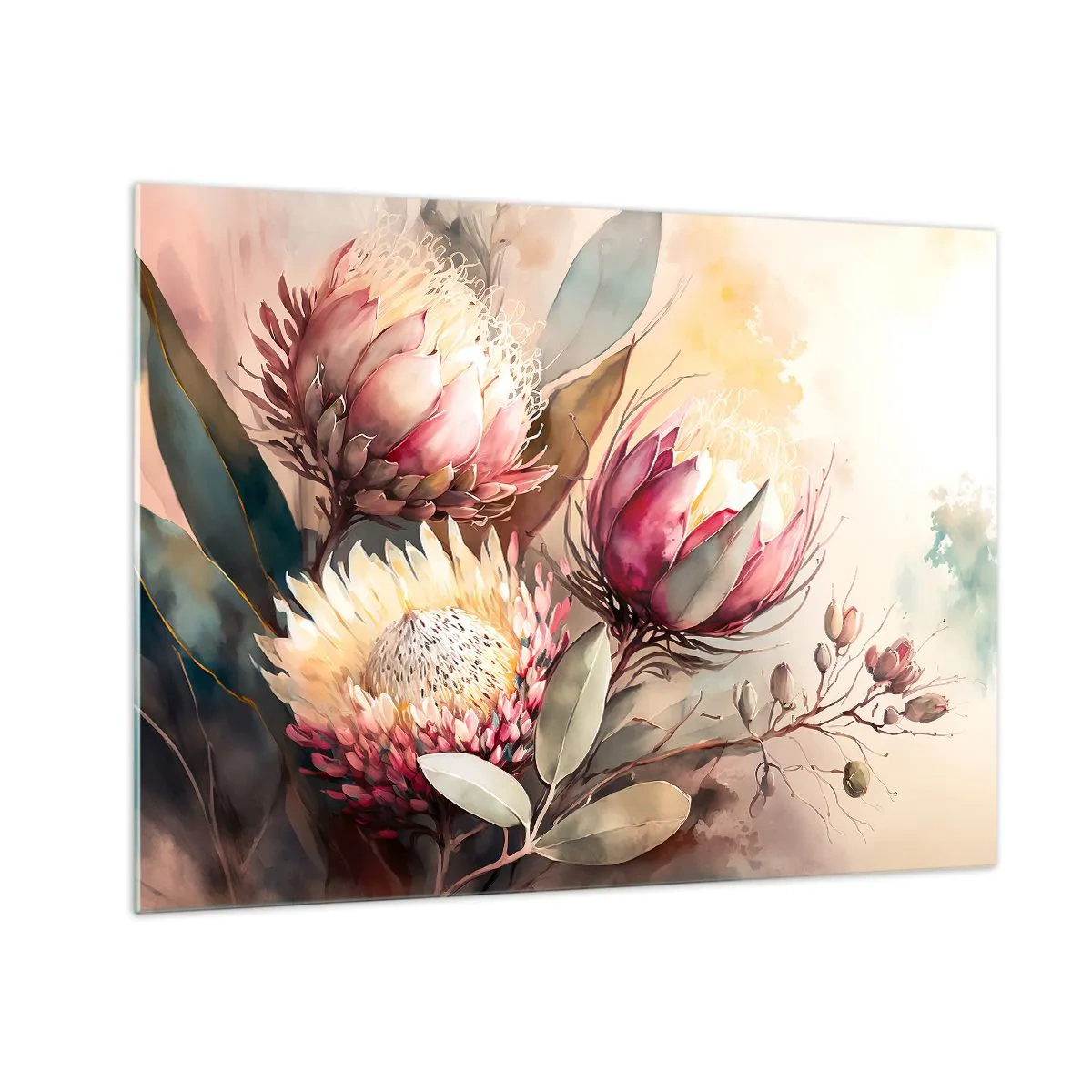 Schilderen op glas - Protea-bloemen in pastelkleuren op een artistieke achtergrond - 70x50cm - In profiel en en face - Moderne wanddecoratie voor woonkamer en slaapkamer ARTTOR