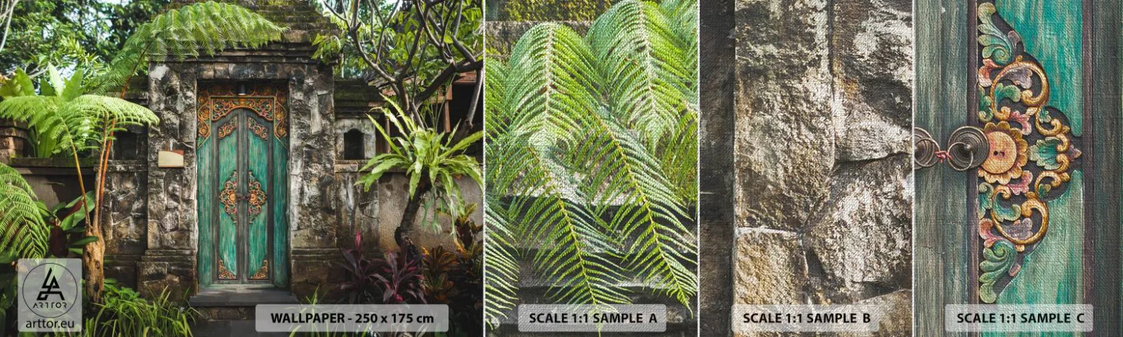 Fotobehang Monster Premium Canvas - Een deur naar een exotische wereld - Deur Met Ornament, Architectuur, Mysterie - 100x30 cm