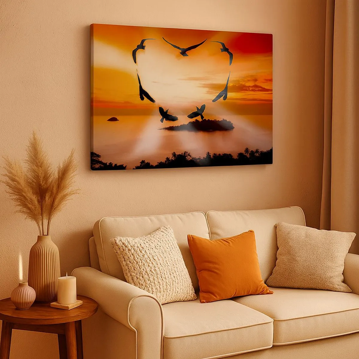 Schilderen op canvas - Vogels die een hart vormen tegen de achtergrond van de ondergaande zon - 70x50cm - Houd van de wereld als vogels - Moderne wanddecoratie voor woonkamer en slaapkamer ARTTOR