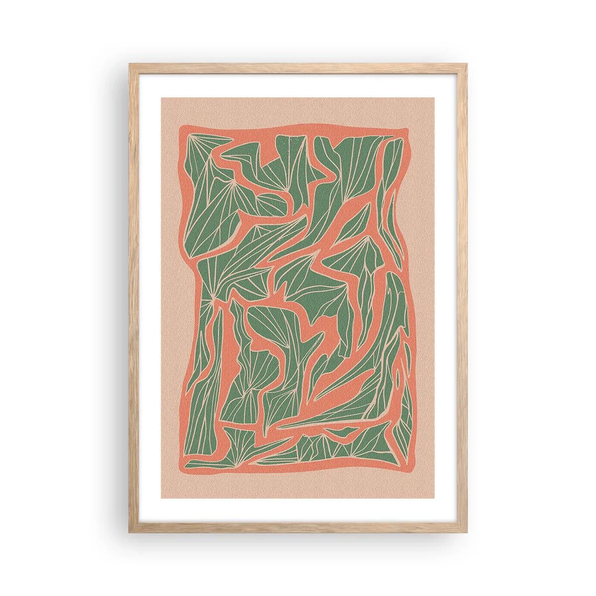 Een poster in een licht eiken lijst - De strijd tussen koraal en groen - 50x70 cm