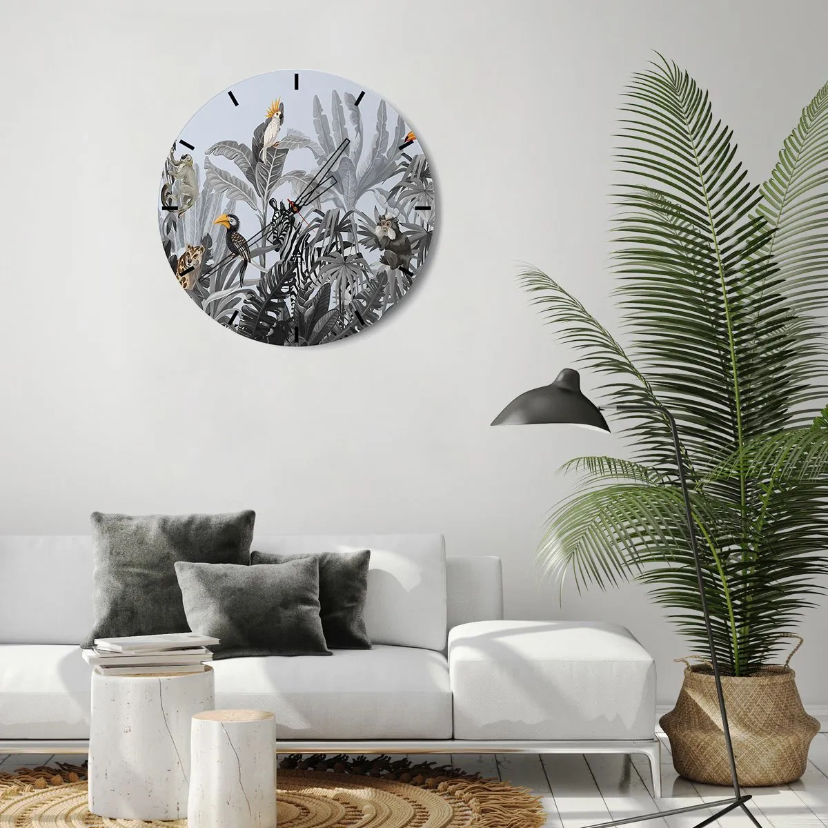 Wandklok - Klok - Tropische planten met exotische dieren tegen een jungleachtergrond - 30x30cm - Afrikaans sprookje - Moderne wanddecoratie voor woonkamer, keuken en slaapkamer ARTTOR