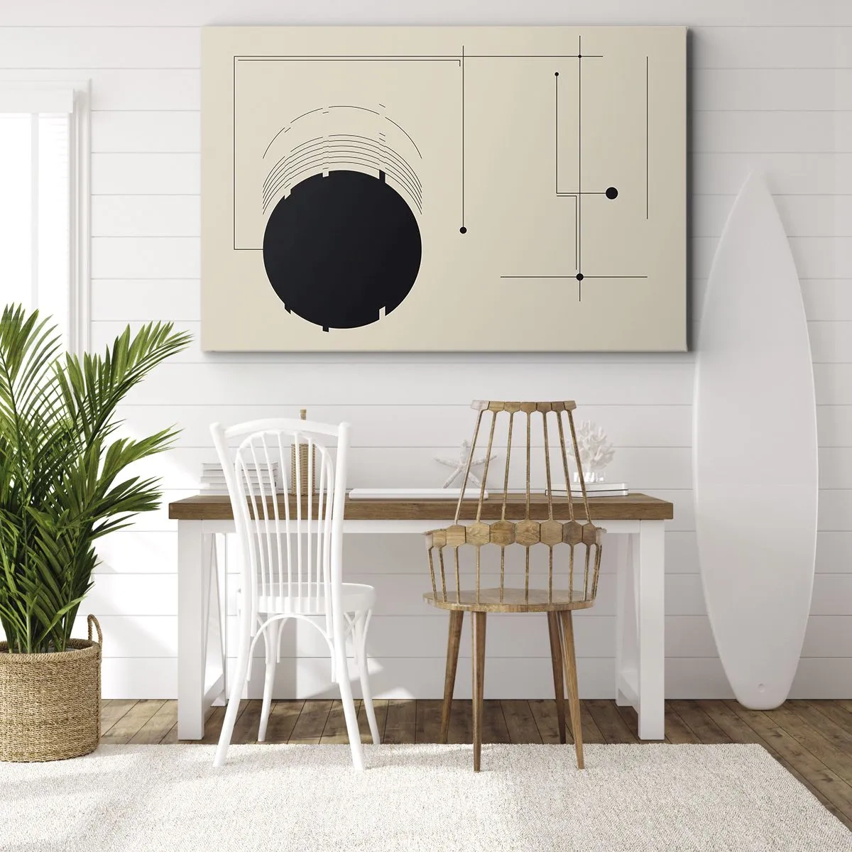 Schilderen op canvas - Zwarte geometrische lijnen en een cirkel op een beige achtergrond - 70x50cm - Een flexibele en dynamische compositie - Moderne wanddecoratie voor woonkamer en slaapkamer ARTTOR
