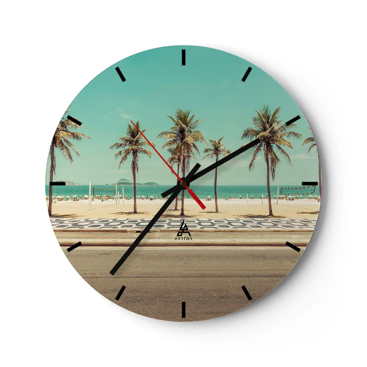 Wandklok - Klok - Palmbomen en een strand met promenade aan de turquoise zee - 30x30cm - Op wacht op het strand - Moderne wanddecoratie voor woonkamer, keuken en slaapkamer ARTTOR