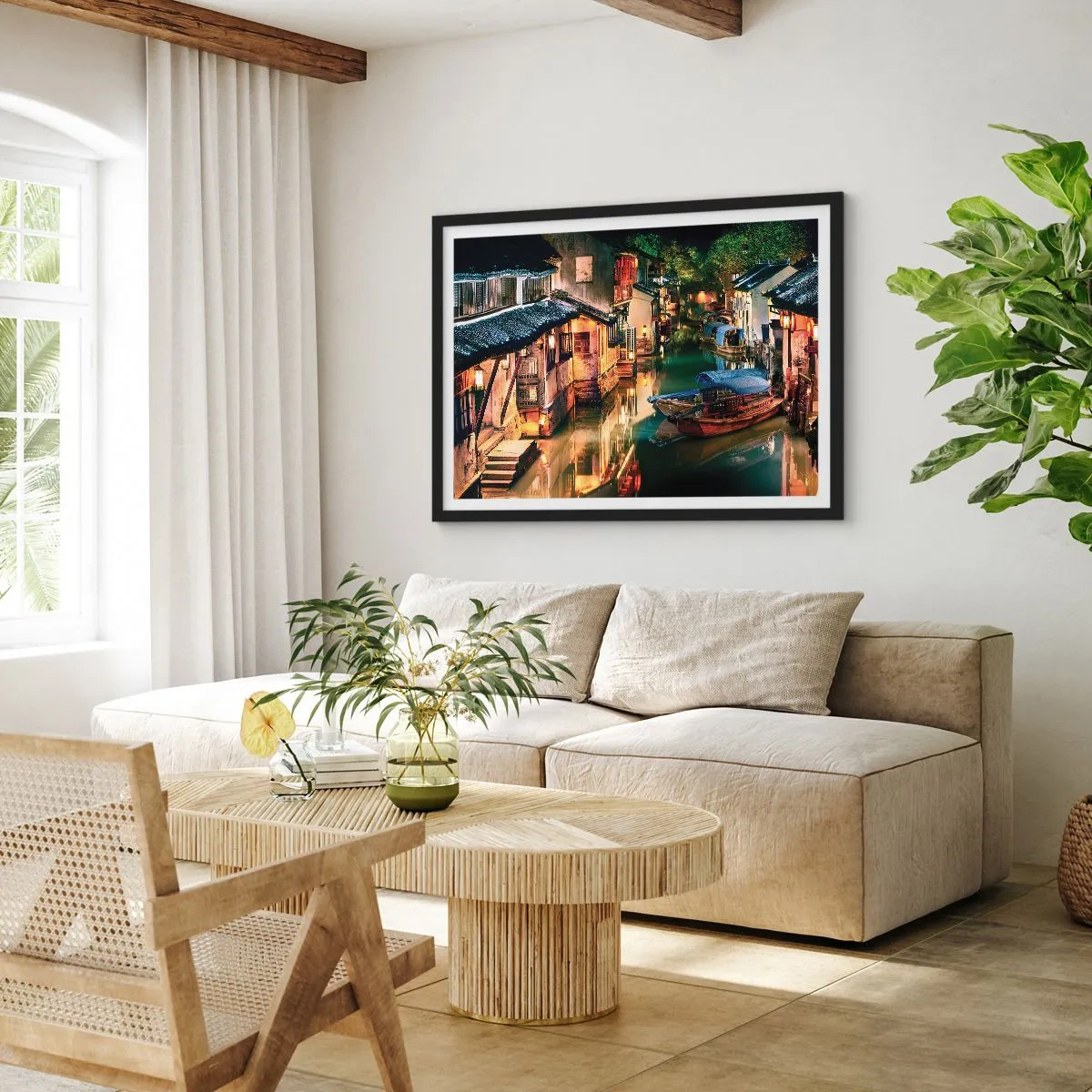 Poster in een zwarte lijst - Een avond op een Chinese straat - 70x50 cm