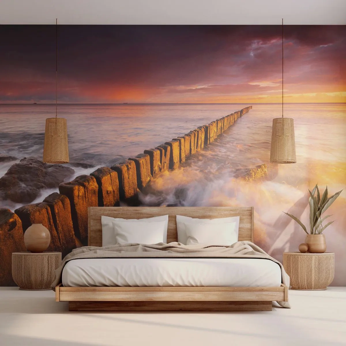 Fotobehang Standard Eco - Een golfbreker tegen de achtergrond van een gouden zonsondergang - 100x70cm - De zachtheid van de golven - Moderne wanddecoratie voor woonkamer en slaapkamer ARTTOR