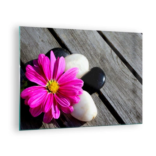 Schilderen op glas - Roze bloem met stenen op een houten achtergrond - 70x50cm - Rust op de pier - Moderne wanddecoratie voor woonkamer en slaapkamer ARTTOR