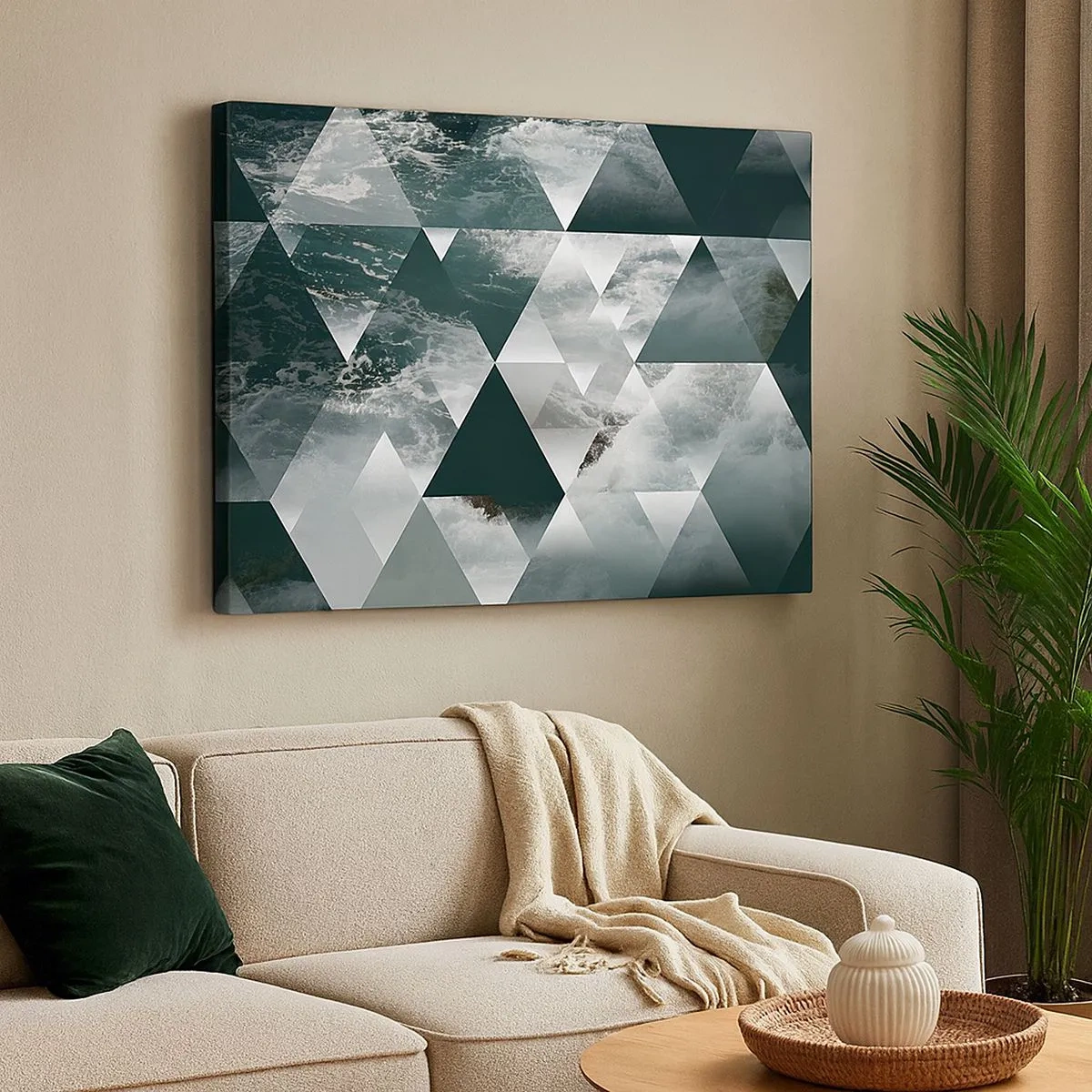 Schilderen op canvas - Geometrisch patroon met een golfmotief in tinten groen - 70x50cm - Kristal perspectief - Moderne wanddecoratie voor woonkamer en slaapkamer ARTTOR