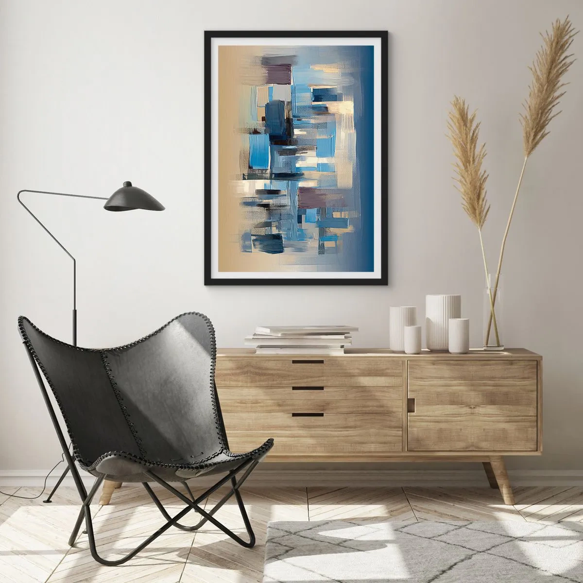 Poster in een zwarte lijst - Abstracte geometrische compositie in blauwtinten - 50x70cm - Blauwe constructie - Moderne wanddecoratie voor woonkamer en slaapkamer ARTTOR