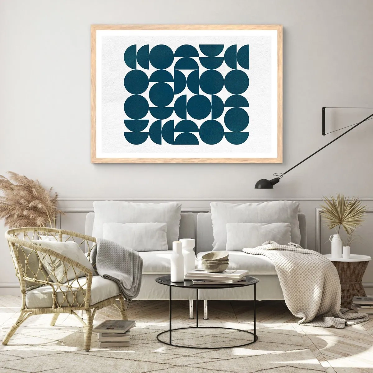 Een poster in een licht eiken lijst - Cirkels en halfcirkels - 100x70 cm