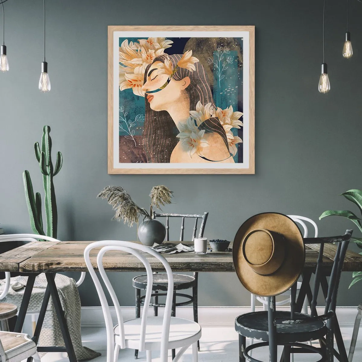 Een poster in een licht eiken lijst - Een sprookje over een prinses met lelies - 40x40 cm