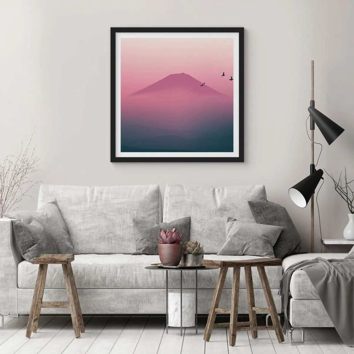 Poster in een zwarte lijst - Wandelaars boven de wolken - 30x30 cm