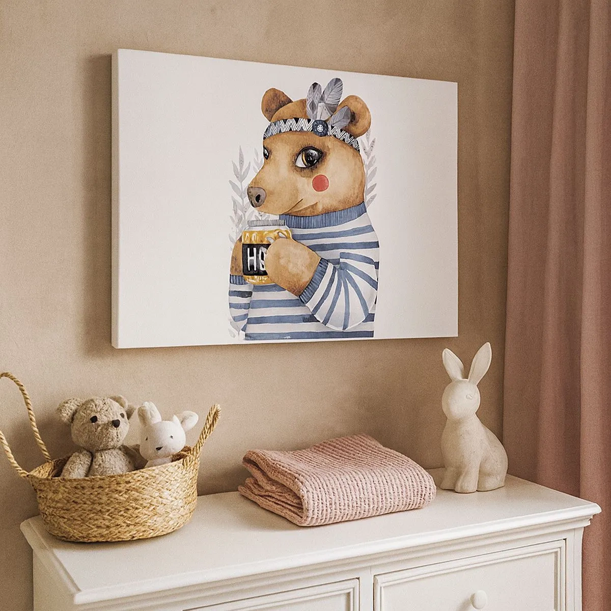 Schilderen op canvas - Een teddybeer in een gestreepte trui met een kopje honing - 70x50cm - Zoete beer - Moderne wanddecoratie voor woonkamer en slaapkamer ARTTOR