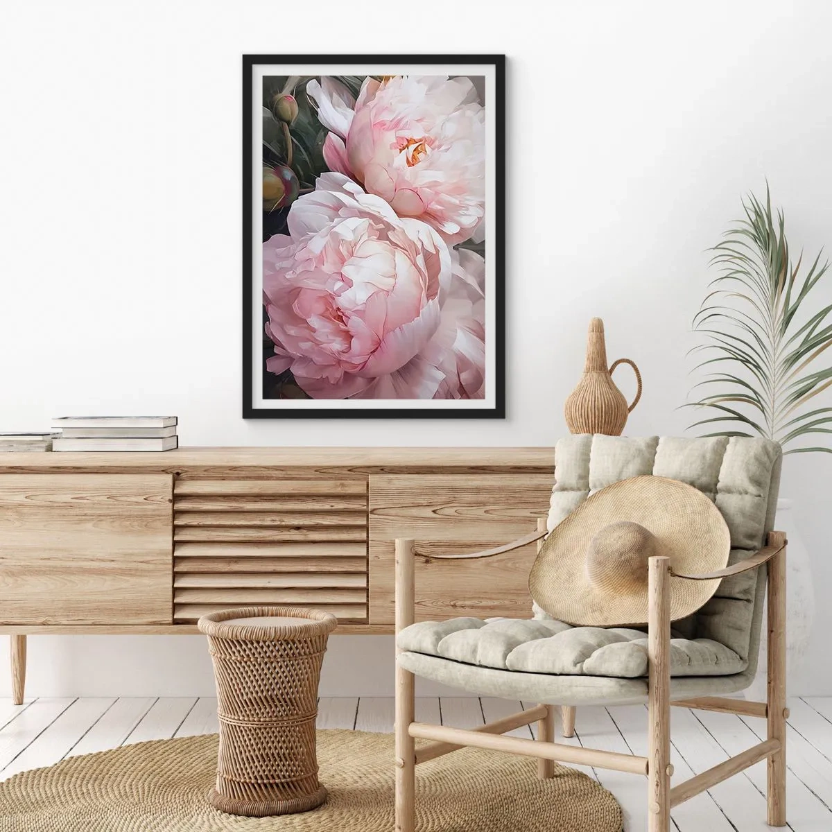 Poster in een zwarte lijst - Delicate pioenrozen in pasteltinten roze en wit - 50x70cm - In bloei gestopt - Moderne wanddecoratie voor woonkamer en slaapkamer ARTTOR
