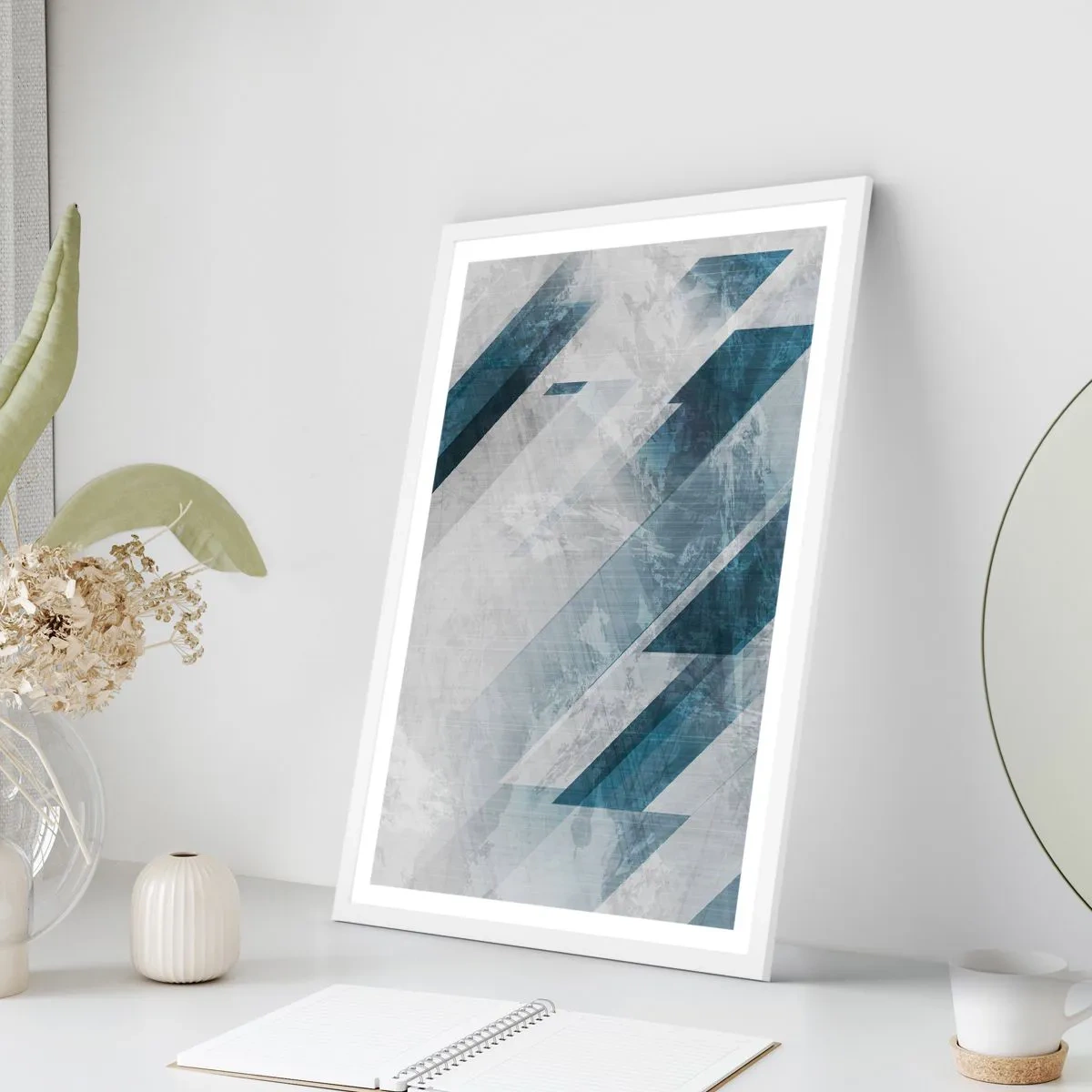 Poster in een witte lijst - Ruimtelijke compositie - grijze beweging - 70x100 cm