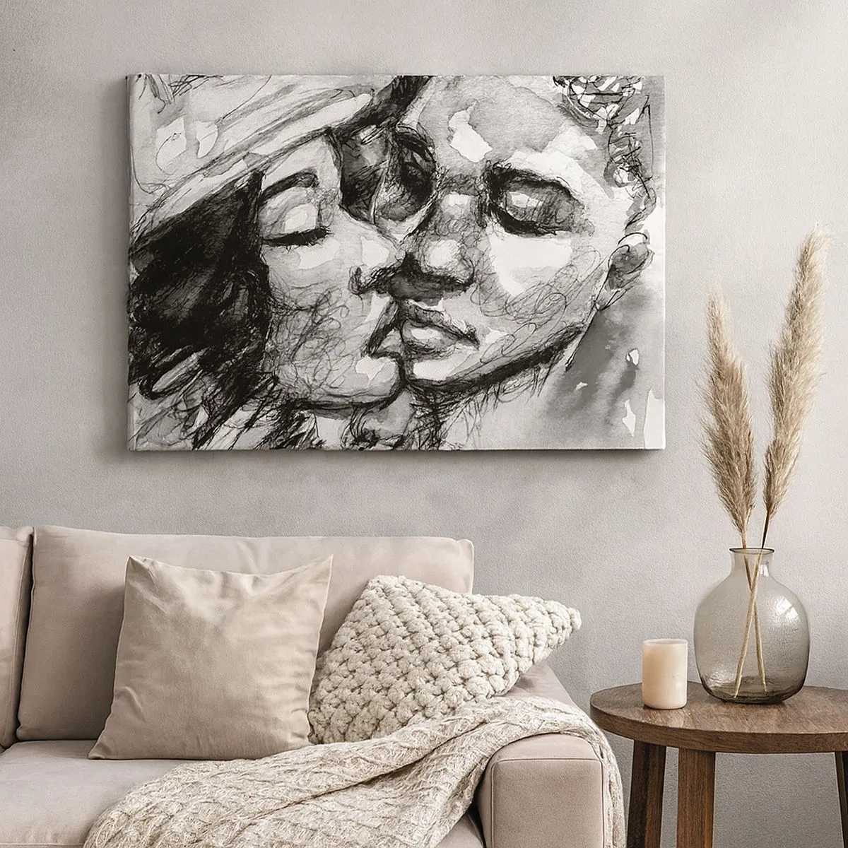 Schilderen op canvas - Een zwart-witte aquarel van een intiem moment tussen twee mensen. - 70x50cm - Een teder moment - Moderne wanddecoratie voor woonkamer en slaapkamer ARTTOR