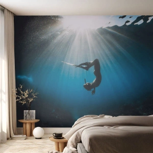 Fotobehang Premium Canvas - onderwaterdans - Onderwater grot, Stralen van de zon, Duiken - 350x256 cm