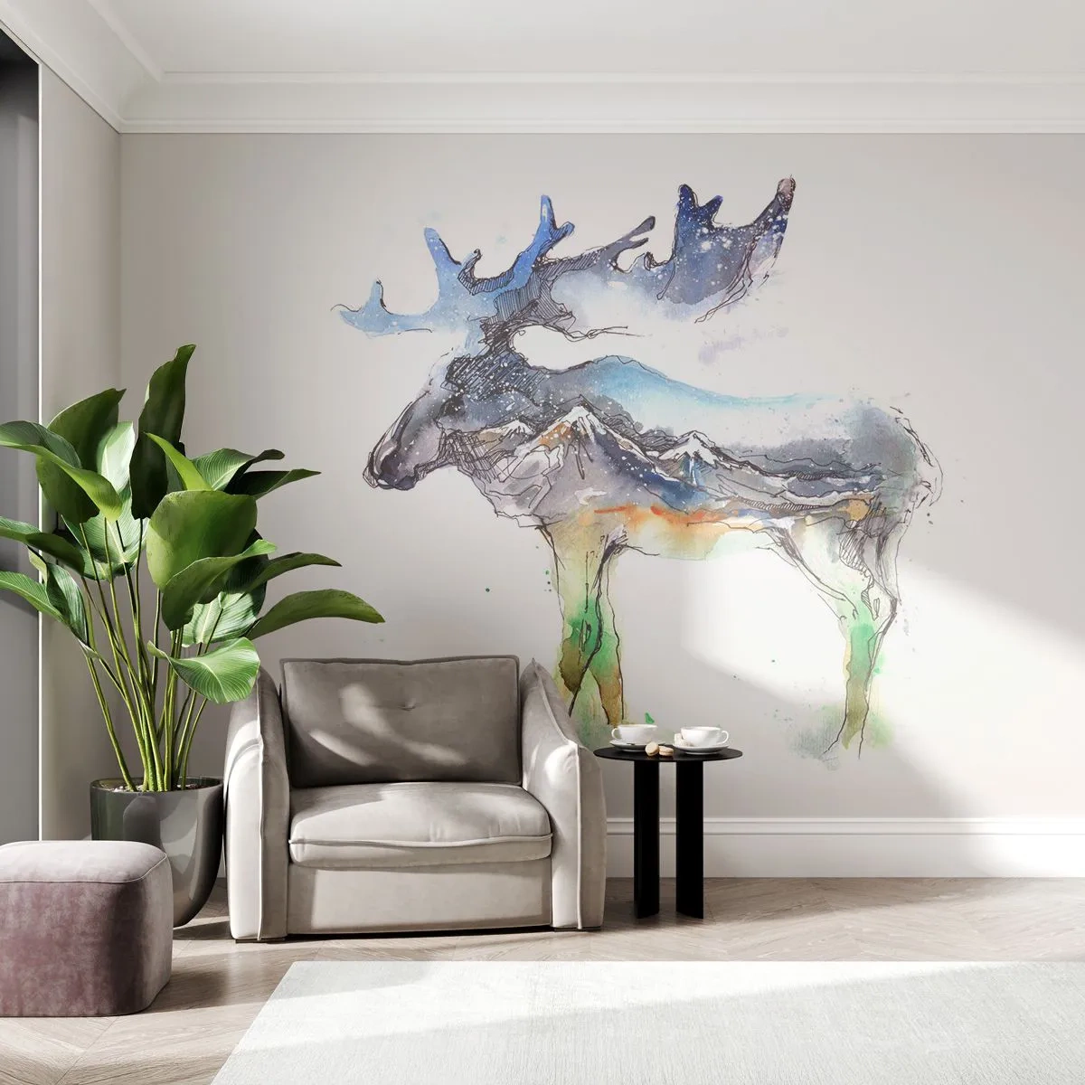 Zelfklevend Fotobehang Deluxe Sticker - De held van een winters verhaal - Abstractie, Eland, Bergen - 250x175 cm
