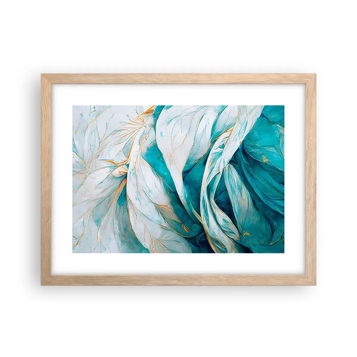 Een poster in een licht eiken lijst - Blauwe abstractie met een gouden motief - 40x30 cm