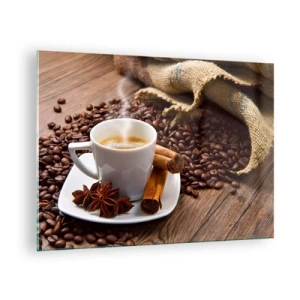 Schilderen op glas - Een kopje koffie met kaneel en koffiebonen op een houten tafel - 70x50cm - Pittige smaak en aroma - Moderne wanddecoratie voor woonkamer en slaapkamer ARTTOR