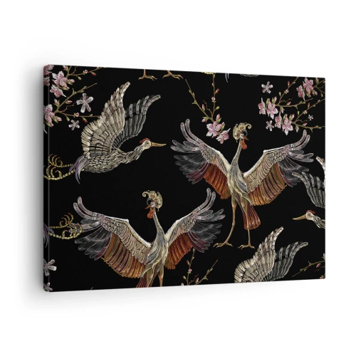 Schilderen op canvas - Stijlvolle kraanvogels en bloemen op een zwarte achtergrond - 70x50cm - Een sprookjesvogel - Moderne wanddecoratie voor woonkamer en slaapkamer ARTTOR