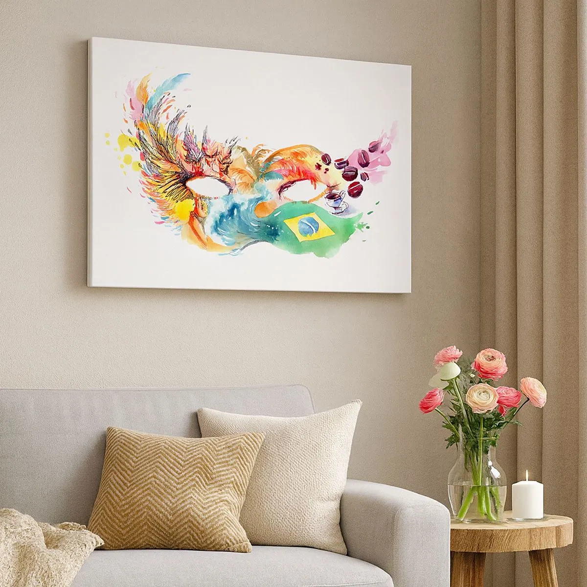 Schilderen op canvas - Kleurrijk aquarelmasker geïnspireerd door Brazilië - 70x50cm - Brazilië verwelkomt met samba - Moderne wanddecoratie voor woonkamer en slaapkamer ARTTOR