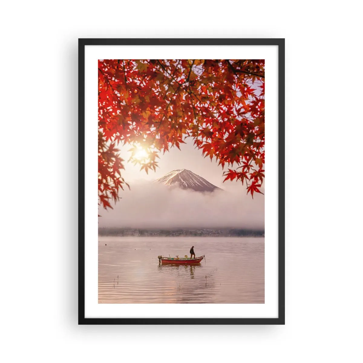 Poster in een zwarte lijst - De berg Fuji met een boot op een meer en herfstbladeren - 50x70cm - In het Japanse klimaat - Moderne wanddecoratie voor woonkamer en slaapkamer ARTTOR