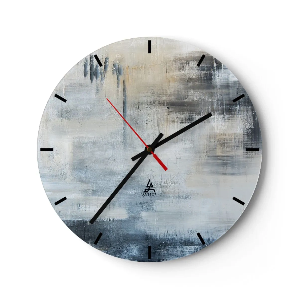 Wandklok - Klok - Abstracte compositie in tinten grijs en beige - 30x30cm - Achter het blauwe gordijn - Moderne wanddecoratie voor woonkamer, keuken en slaapkamer ARTTOR
