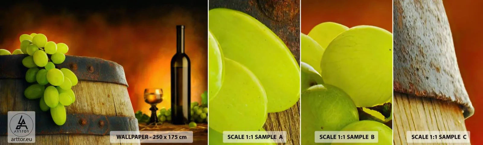 Fotobehang Monster Zelfklevend Deluxe Sticker - Stilleven met een fles wijn en een tros druiven - Druif, Wijn, Wijnvat - 100x30 cm