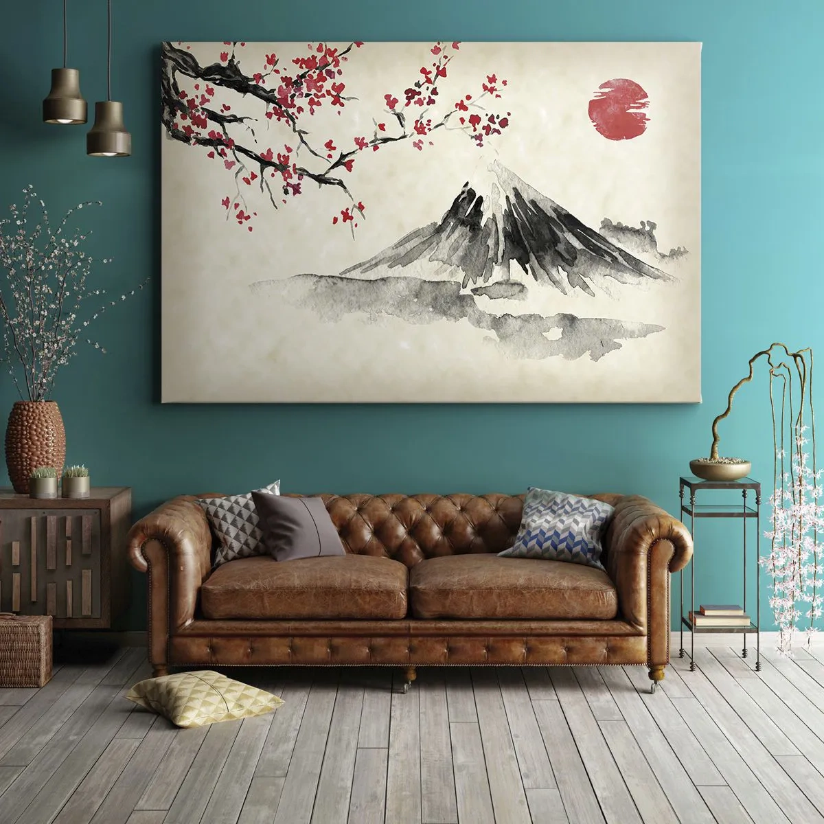 Schilderen op canvas - Een schilderachtig landschap met een berg, kersenbloesems en zonneschijn - 70x50cm - Houd van Japan - Moderne wanddecoratie voor woonkamer en slaapkamer ARTTOR