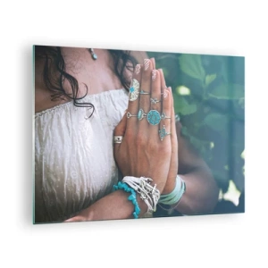 Schilderen op glas - Vrouwenhanden met boho-sieraden - 70x50cm - Welkom in het centrum van het zijn - Moderne wanddecoratie voor woonkamer en slaapkamer ARTTOR