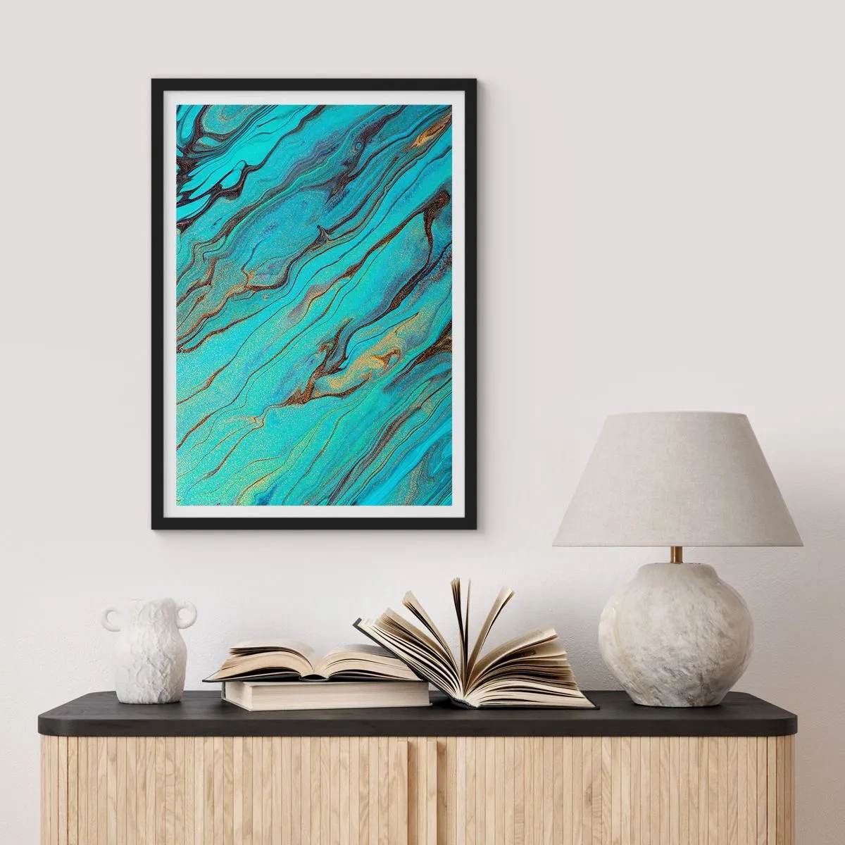 Poster in een zwarte lijst - Abstracte patronen in tinten turquoise en goud - 50x70cm - Turquoise vloed - Moderne wanddecoratie voor woonkamer en slaapkamer ARTTOR