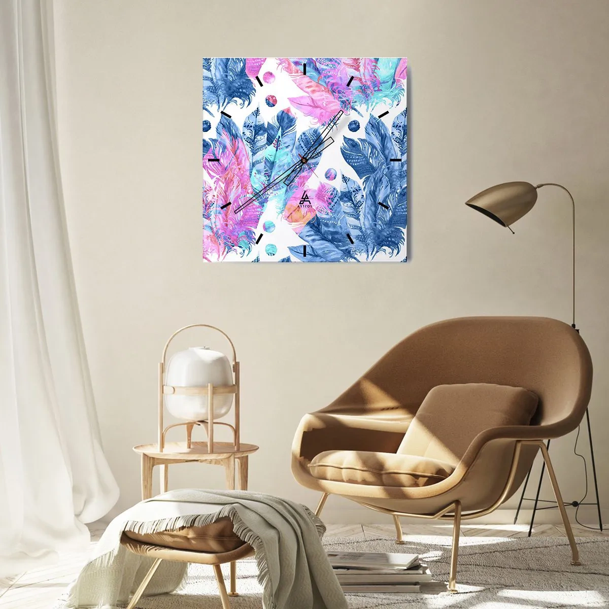 Wandklok - Klok - Pluimen in roze en blauw - 30x30 cm