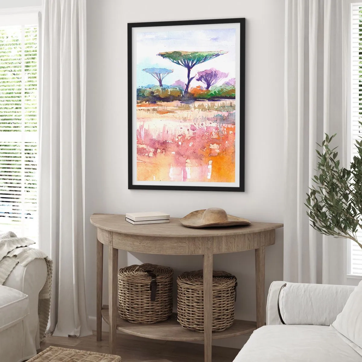 Poster in een zwarte lijst - Een aquarel van een savannelandschap met acaciabomen. - 50x70cm - Savanne kleuren - Moderne wanddecoratie voor woonkamer en slaapkamer ARTTOR