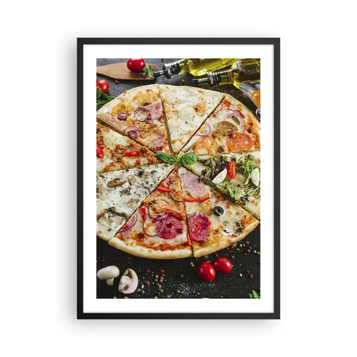 Poster in een zwarte lijst - Kleurrijke pizza verdeeld in verschillende stukken - 50x70cm - Een scala aan smaken - Moderne wanddecoratie voor woonkamer en slaapkamer ARTTOR