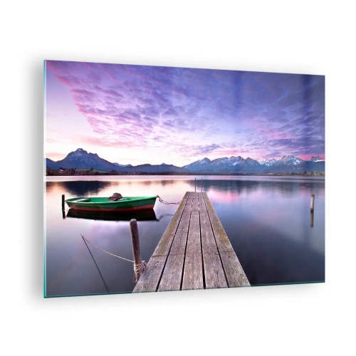Schilderen op glas - Groene boot op een pier met een bergachtergrond bij zonsopgang - 70x50cm - Vriendelijke stilte - Moderne wanddecoratie voor woonkamer en slaapkamer ARTTOR