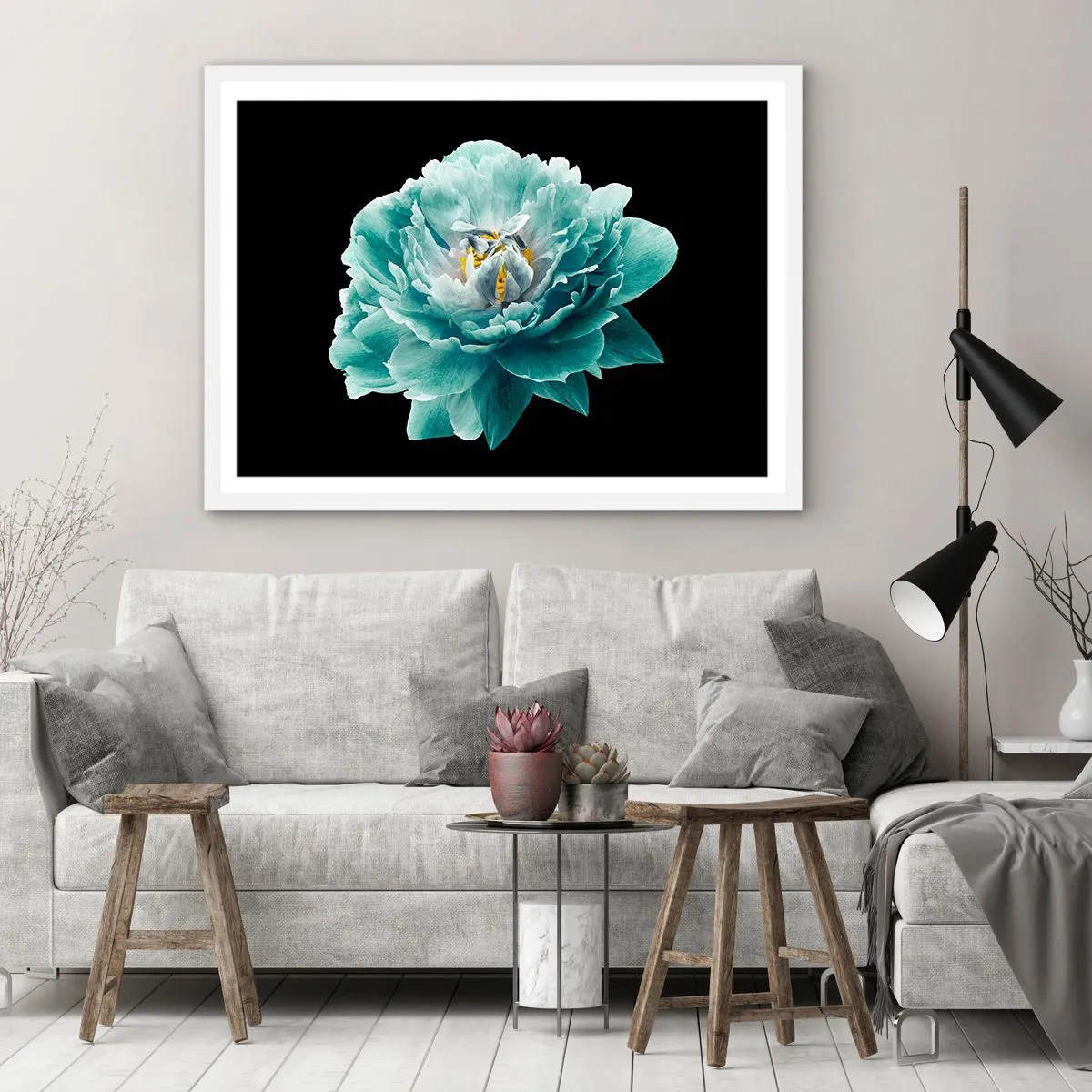 Poster in een witte lijst - Blauwe en gouden bloemblaadjes - 100x70 cm