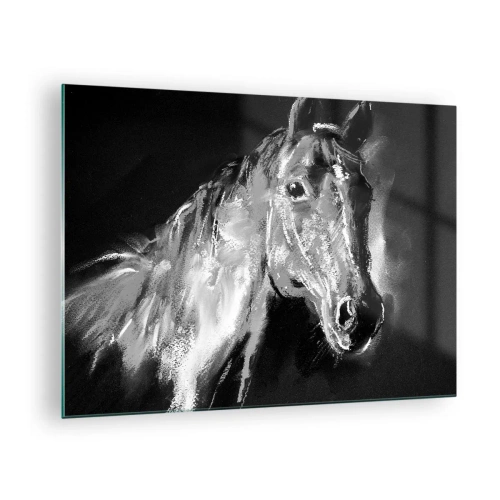 Schilderen op glas - Portret van een paard in zwart-wittinten op een donkere achtergrond - 70x50cm - De glans van een nobele ziel - Moderne wanddecoratie voor woonkamer en slaapkamer ARTTOR