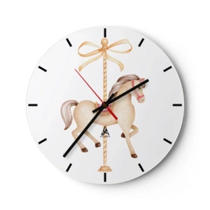 Wandklok - Klok - Een lichtbruin draaimolenpaard op een achtergrond met een decoratieve strik - 30x30cm - Een sierlijke draf - Moderne wanddecoratie voor woonkamer, keuken en slaapkamer ARTTOR