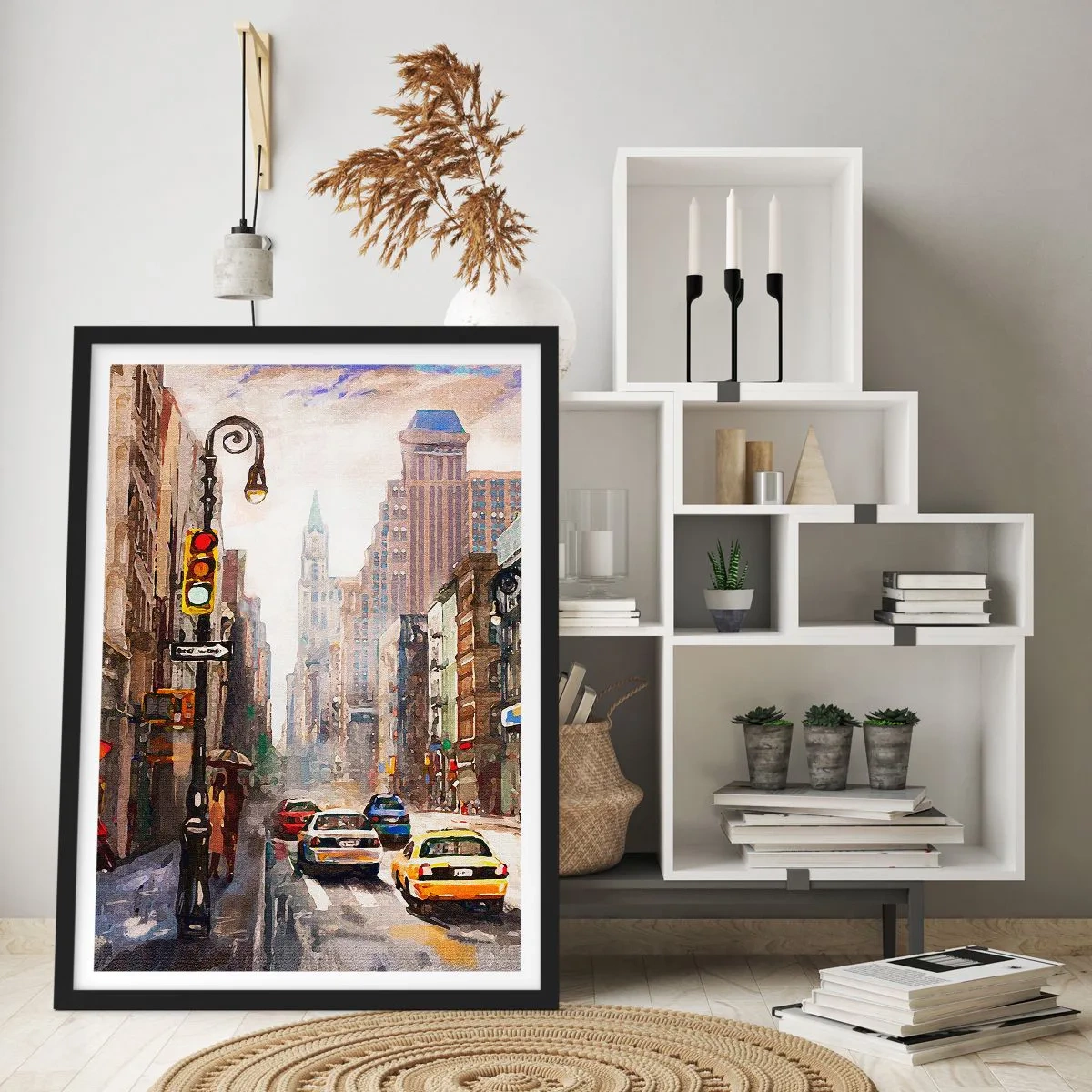 Poster in een zwarte lijst - New York - ook kleurrijk in de regen - 30x40 cm