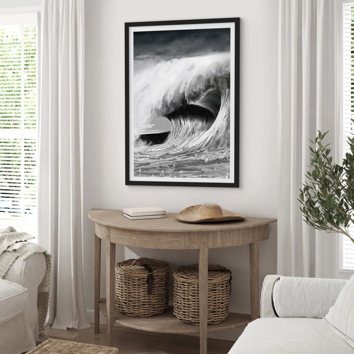 Poster in een zwarte lijst - Een krachtige golf in grijstinten - 50x70cm - De woede van de oceaan - Moderne wanddecoratie voor woonkamer en slaapkamer ARTTOR