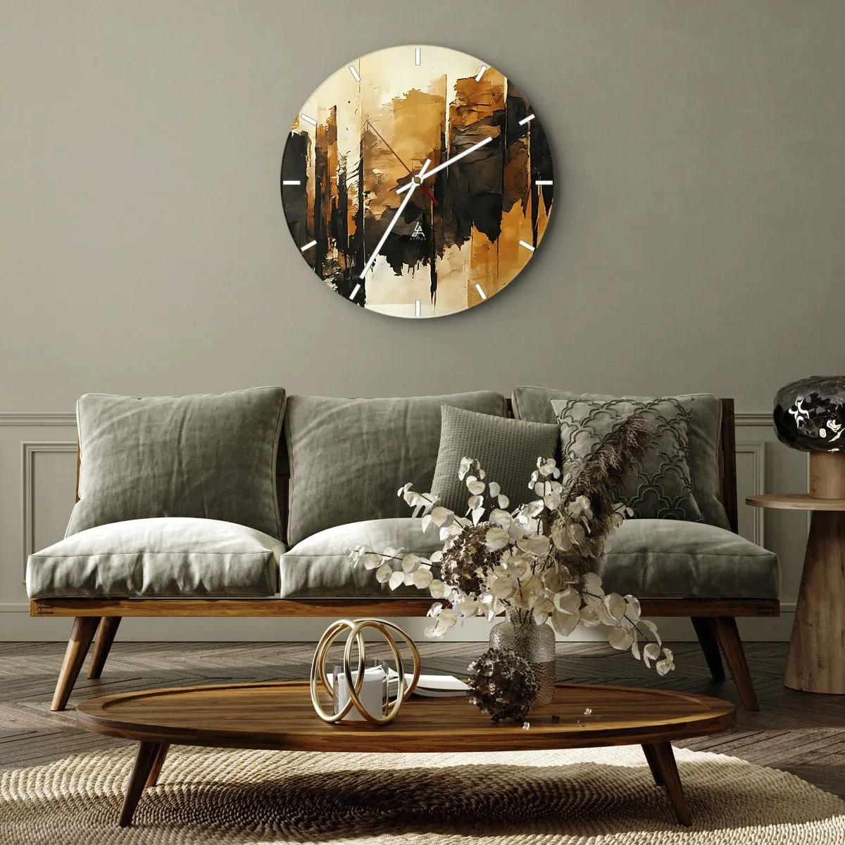 Wandklok - Klok - Abstracte compositie in tinten zwart en goud - 30x30cm - Harmonie van zwart en goud - Moderne wanddecoratie voor woonkamer, keuken en slaapkamer ARTTOR