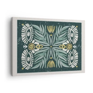 Schilderen op canvas - Symmetrisch plantenpatroon op een groene achtergrond - 70x50cm - Als een volksuitsnede - Moderne wanddecoratie voor woonkamer en slaapkamer ARTTOR