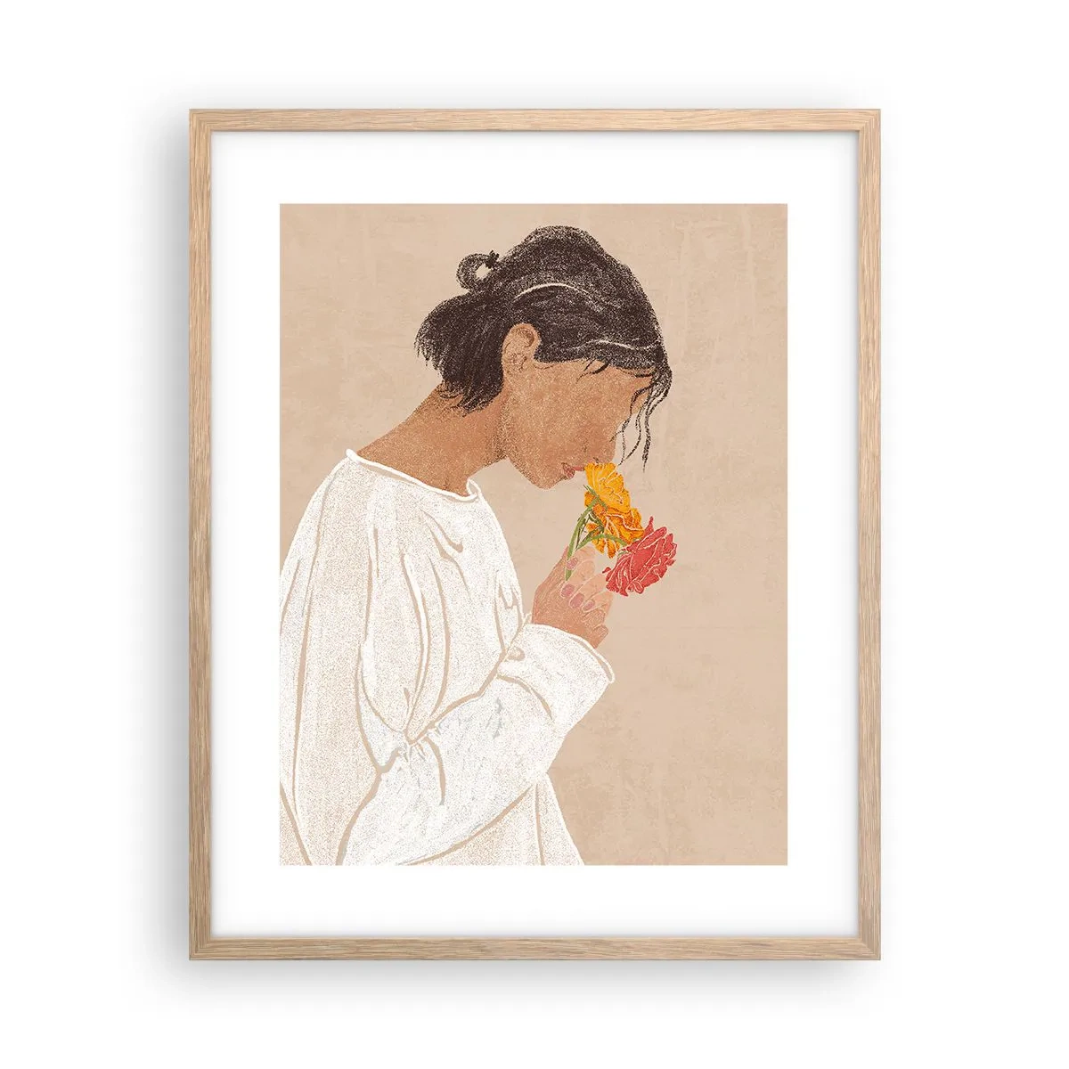 Een poster in een licht eiken lijst - Meisje en bloemen - 40x50 cm