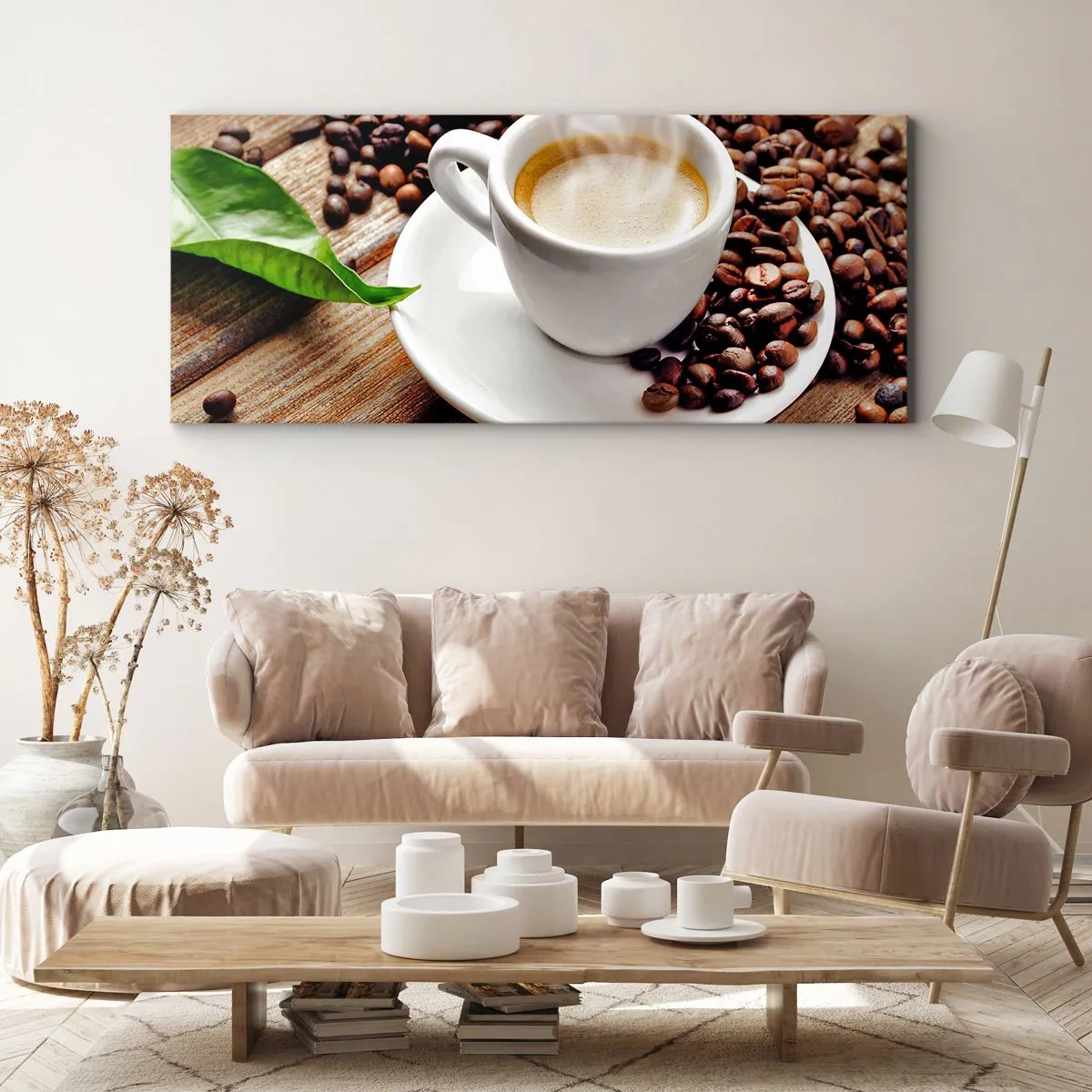 Schilderen op canvas - Koffie op de bank - 90x30 cm