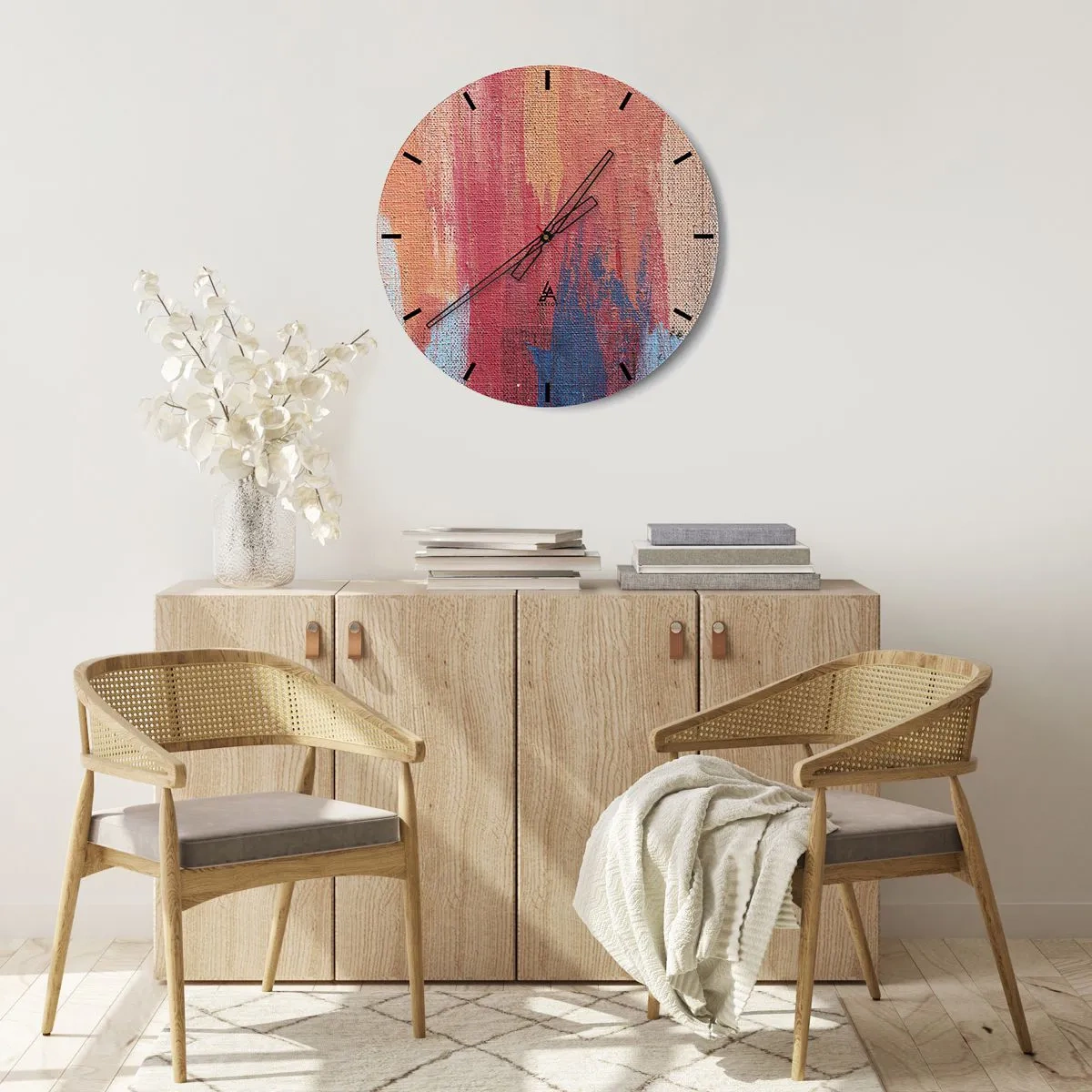 Wandklok - Klok - Kleurrijke verfstreken op de textuur van het canvas - 30x30cm - Ren door de regenboog - Moderne wanddecoratie voor woonkamer, keuken en slaapkamer ARTTOR
