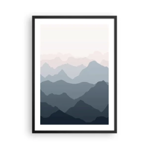 Poster in een zwarte lijst - Gelaagde bergketens in tinten blauw en grijs - 50x70cm - Golven van de bergen - Moderne wanddecoratie voor woonkamer en slaapkamer ARTTOR