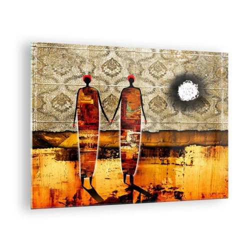 Schilderen op glas - Twee abstracte figuren tegen een achtergrond van ornamenten en gouden tinten - 70x50cm - Etnische compositie in de kleuren van Afrika - Moderne wanddecoratie voor woonkamer en slaapkamer ARTTOR
