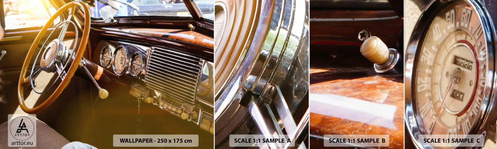 Fotobehang Monster Zelfklevend Deluxe Sticker - Een adem van luxe uit het verleden - Vintage auto, Automobiel, Dashboard - 100x30 cm