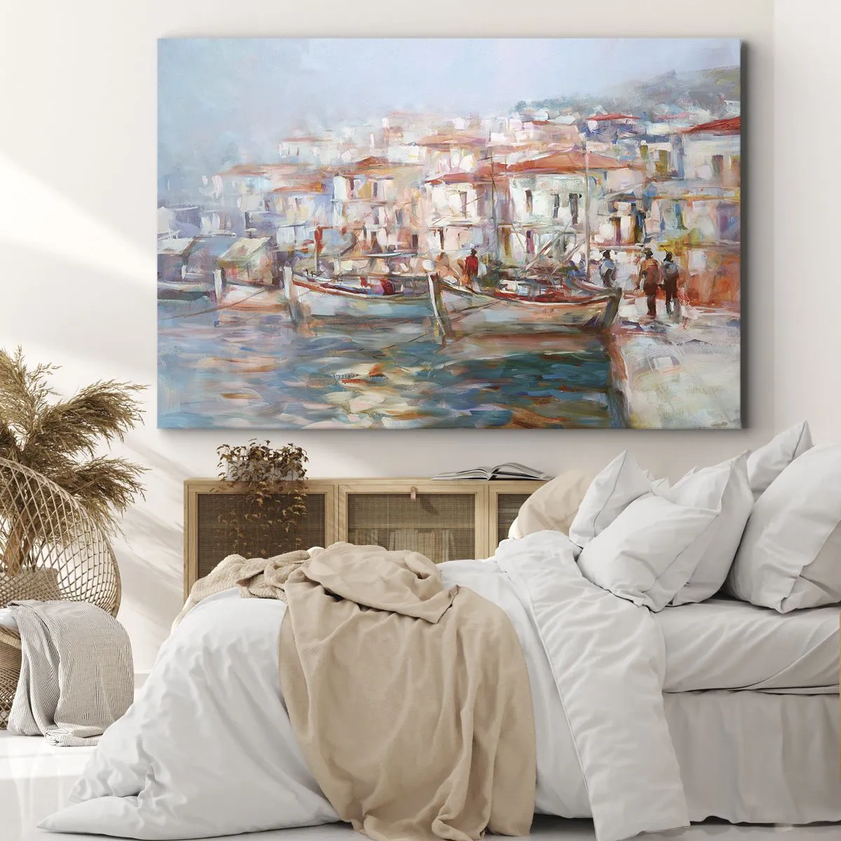 Schilderen op canvas - Havenimpressie met boten en gebouwen - 70x50cm - Pastel vakantie - Moderne wanddecoratie voor woonkamer en slaapkamer ARTTOR