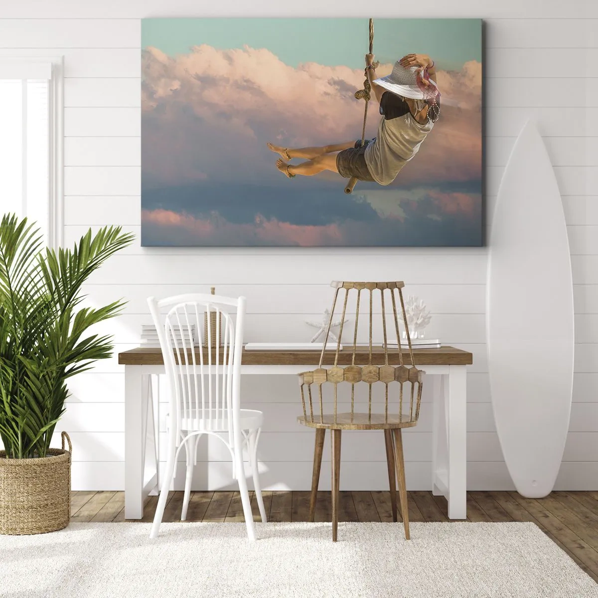 Schilderen op canvas - Vrouw op een schommel tussen roze wolken - 70x50cm - Plezier in de wolken - Moderne wanddecoratie voor woonkamer en slaapkamer ARTTOR